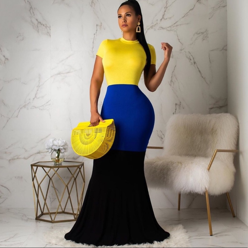NWT Boutique Short Sleeve Stretch Mermaid Maxi Bodycon Color Blocked Dress